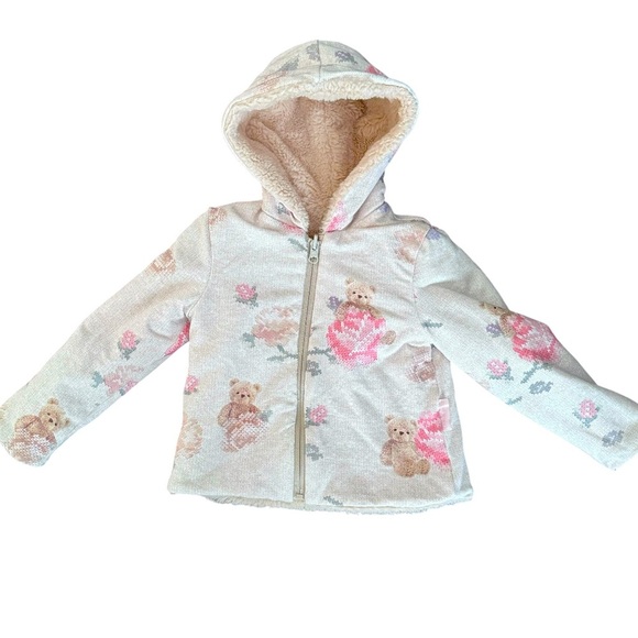 Lapin House Girls toddler teddy bear flowers pixel reversible fuzzy jacket Sz 2T - Picture 1 of 5